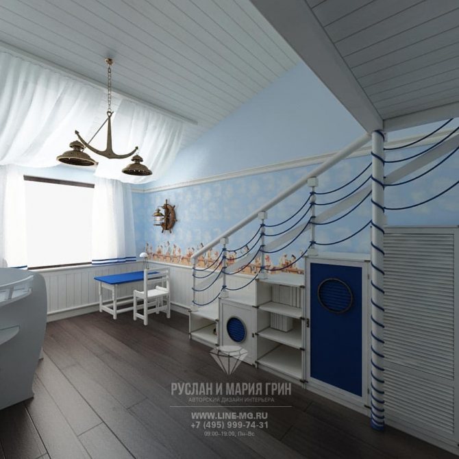 Фото интерьера детской комнаты для мальчика в голубых тонах