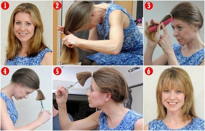 Женщина подстригает волосы сама себе